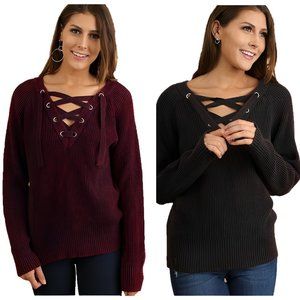 NEW Umgee Charcoal Gray Mineral Washed V-Neck Lace-Up Front Sweater C0650